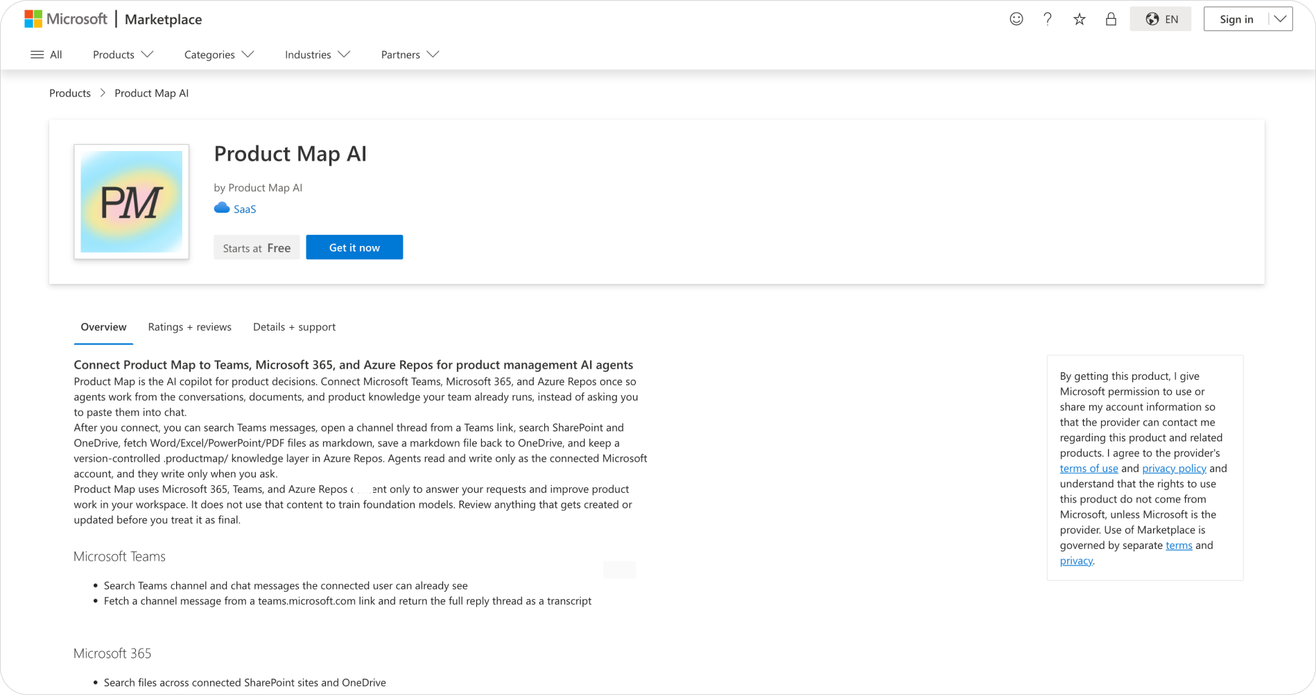 The Microsoft Marketplace listing for Product Map AI, showing the product name and the overview that it connects Product Map to Teams, Microsoft 365, and Azure Repos