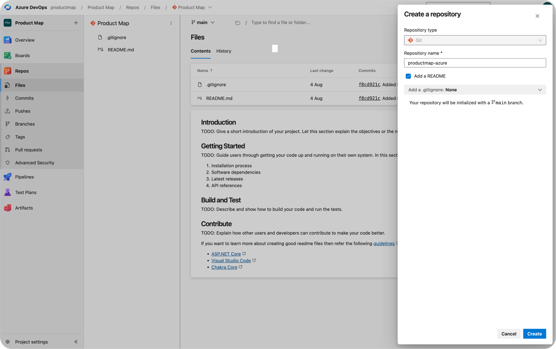 Azure DevOps "Create a repository" panel, showing Git selected as the type, a repository name filled in, and the "Add a README" checkbox enabled