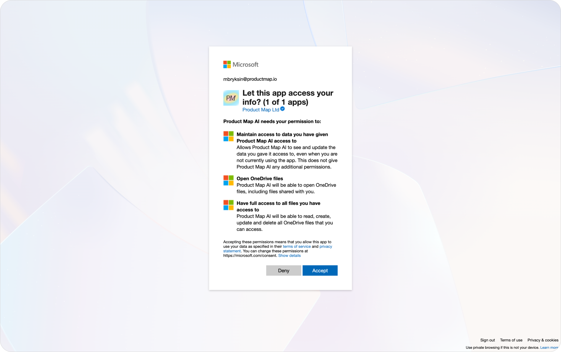 Microsoft's consent screen for Product Map AI, listing the sign-in, read-files, read-sites, and full-file-access permissions, with the Accept button