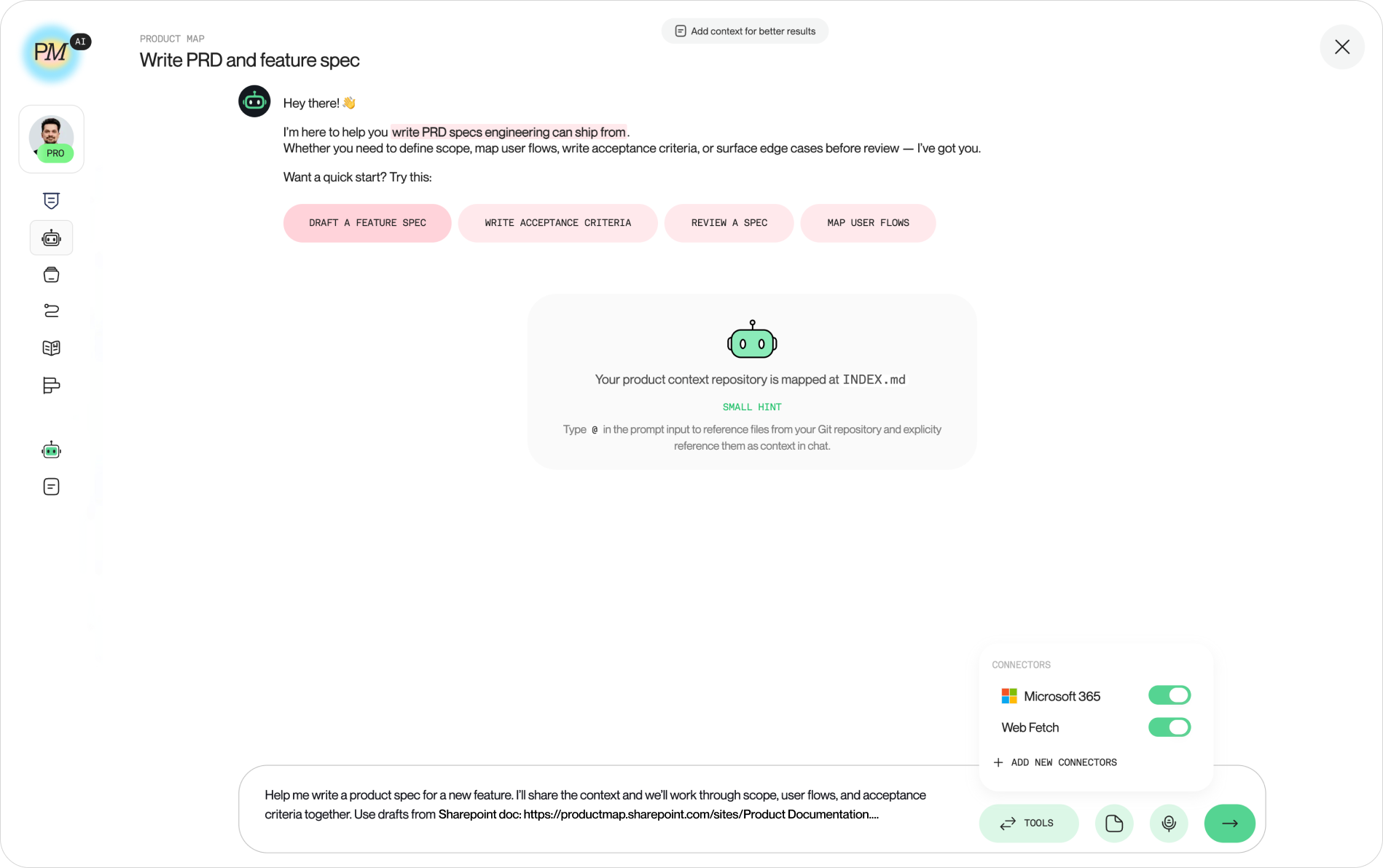 The "Write PRD and feature spec" agent chat with a SharePoint document URL in the composer, the Connectors menu open showing Microsoft 365 toggled on, and the quick-start action buttons above the input