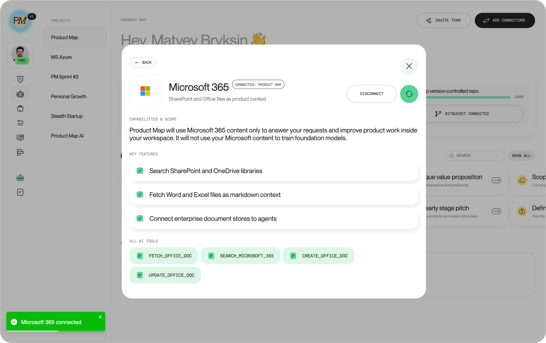 The Product Map Microsoft 365 connector detail view showing the Connected badge, capabilities checklist, and the list of enabled AI tools, with a "Microsoft 365 connected" toast in the corner