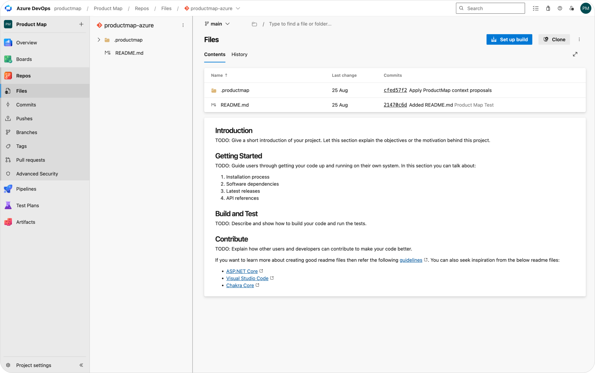 The Azure Repos Files view showing the .productmap folder with a recent commit from Product Map AI, alongside README.md