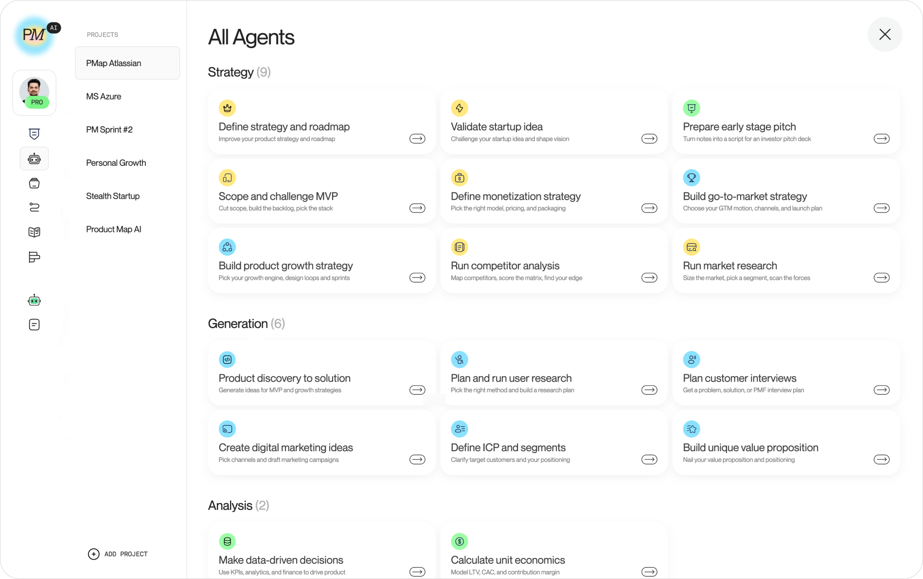 The "All Agents" page showing the Strategy, Generation, Analysis, and Delivery categories with their agent cards, and the project sidebar with the connected Azure Repos project selected