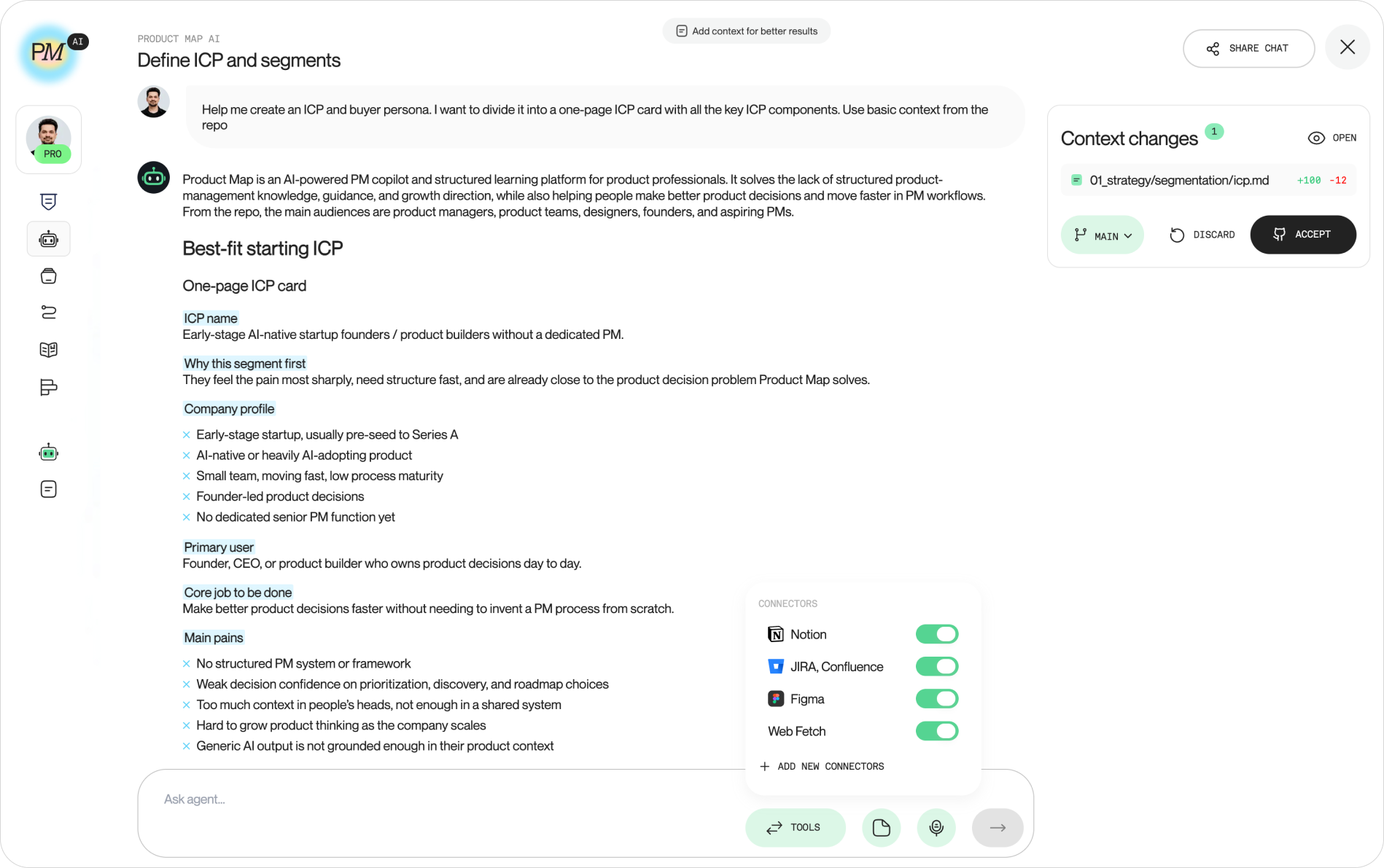 Screenshot of the Product Map "Define ICP and segments" agent proposing a filled-in icp.md file, with the segment comparison in the chat and the qualification and disqualifier sections visible in the file preview