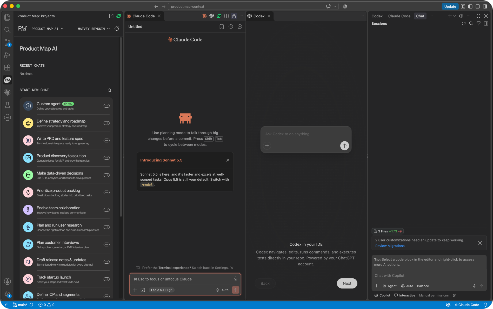 VS Code with the Product Map projects panel on the left listing the agents, Claude Code and Codex open as editor panels in the center, and the GitHub Copilot chat in the right sidebar, all on the same product context repository
