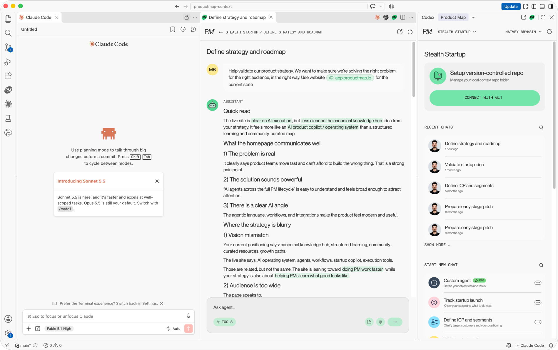 VS Code workspace with three panels: Claude Code on the left, a Product Map agent chat titled "Define strategy and roadmap" in the middle reviewing a product strategy against the live website, and the Product Map sidebar on the right with a Connect with Git button, recent chats, and the agent list