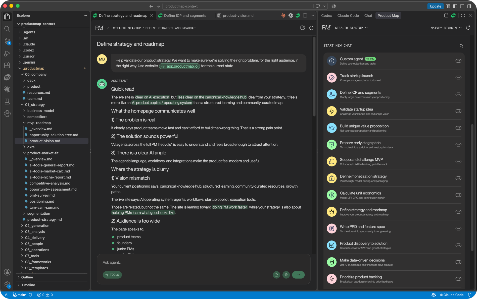 VS Code with the .productmap folder tree in the Explorer, the Define strategy and roadmap chat open as an editor tab with an @ mention of context in the message and the agent's strategy review below it, the Define ICP and segments tab and product-vision.md next to it, and the Product Map agent list in the right sidebar