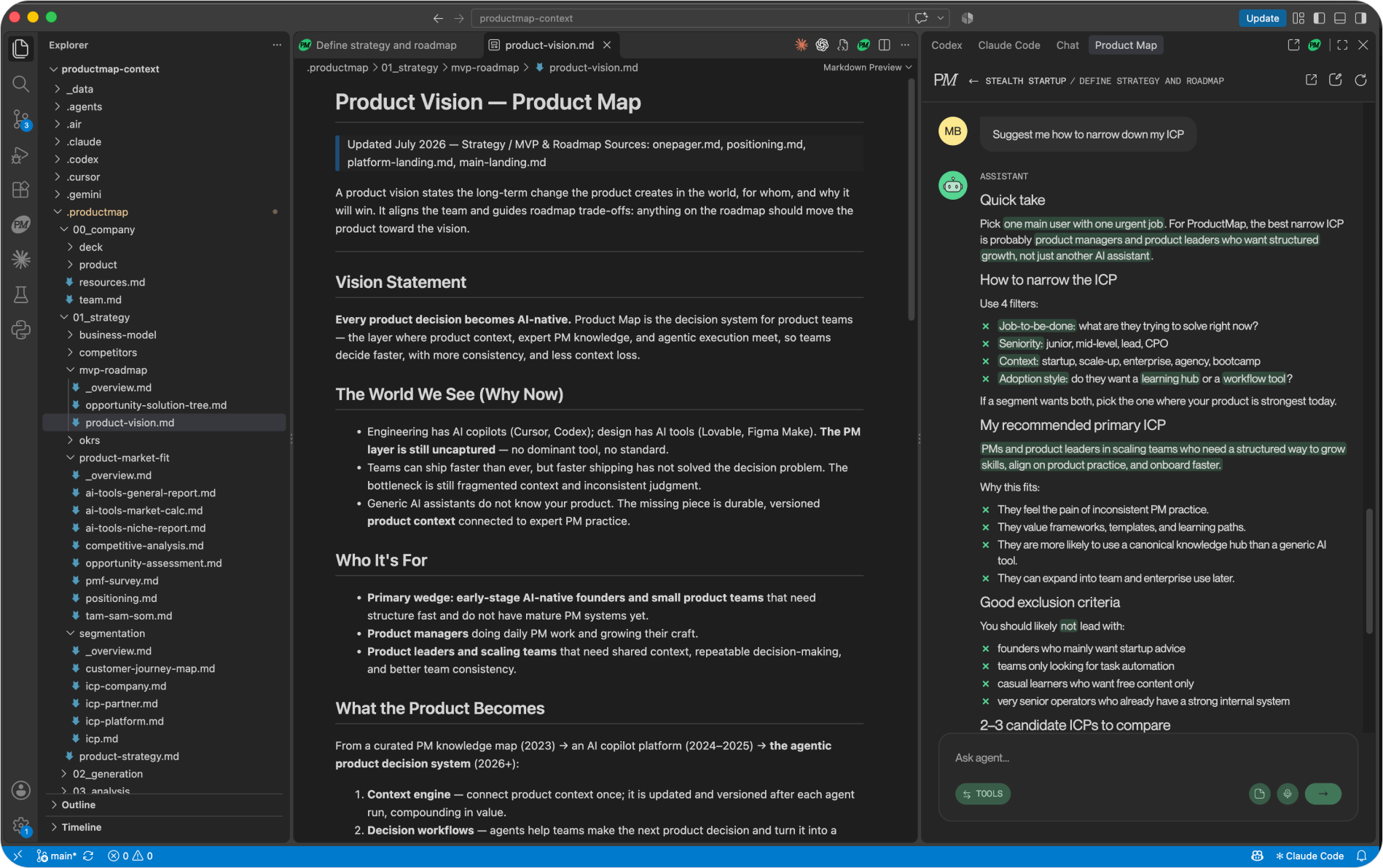 product-vision.md open in Markdown preview in the editor, with the Product Map chat in the right sidebar answering "Suggest me how to narrow down my ICP" against that file, and the .productmap tree in the Explorer showing the strategy and segmentation folders