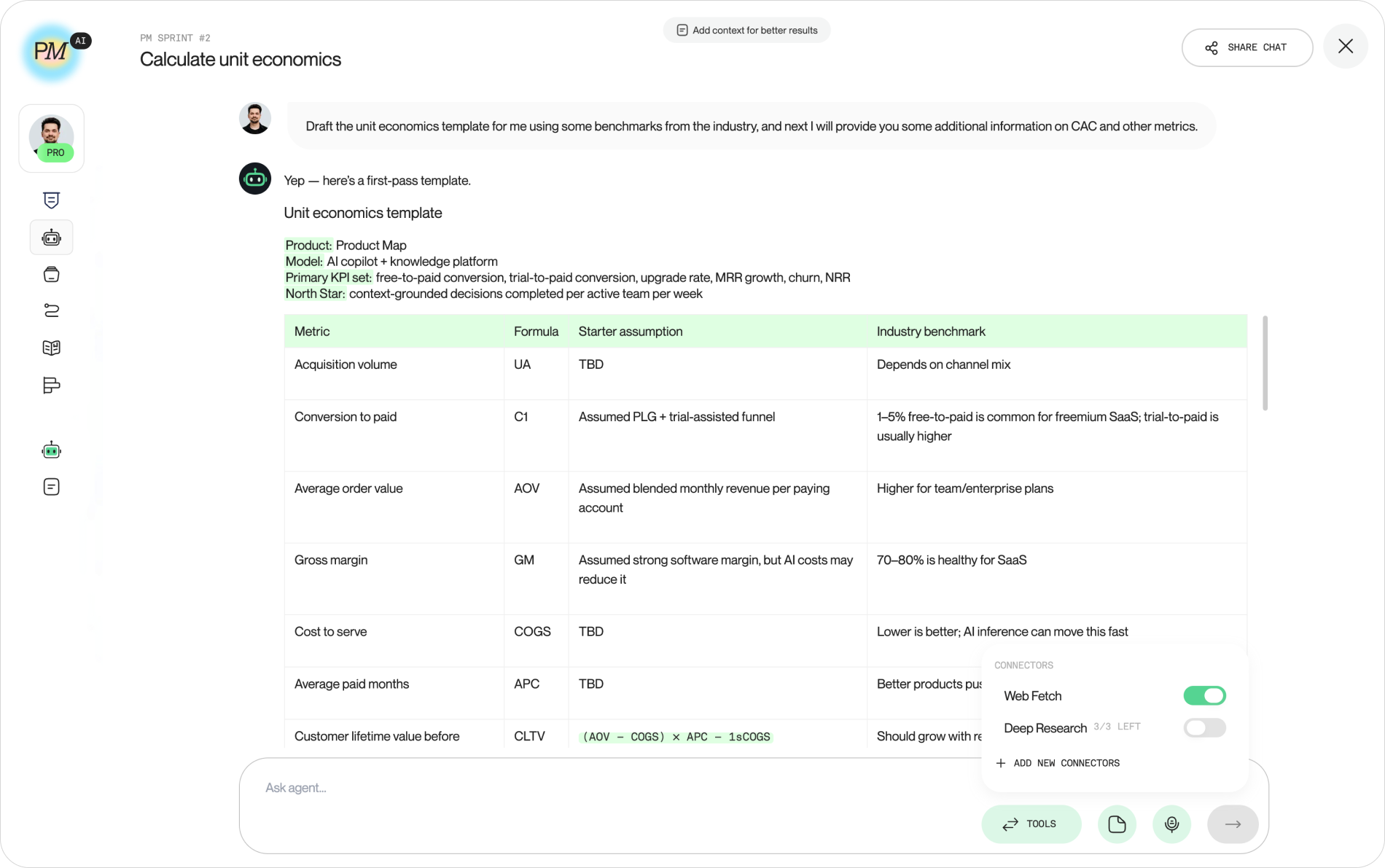 Product Map unit economics AI agent mid-conversation, showing a first-pass unit economics model with inputs filled in and three of them marked as assumptions, an LTV:CAC result compared against the 3:1 benchmark, and the agent asking a single follow-up question about COGS