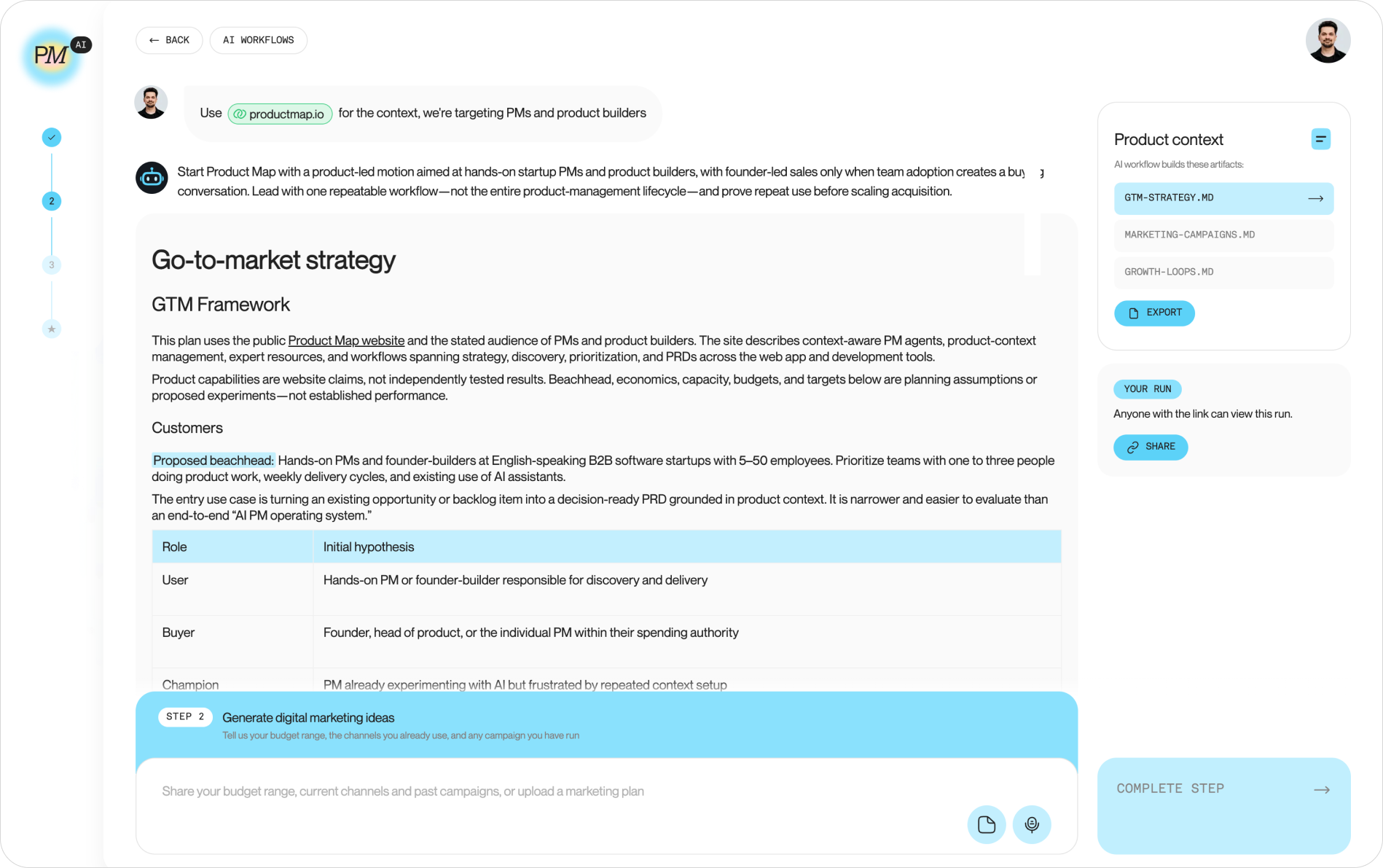 Product Map go-to-market AI workflow, from go-to-market strategy to digital marketing ideas and growth loop