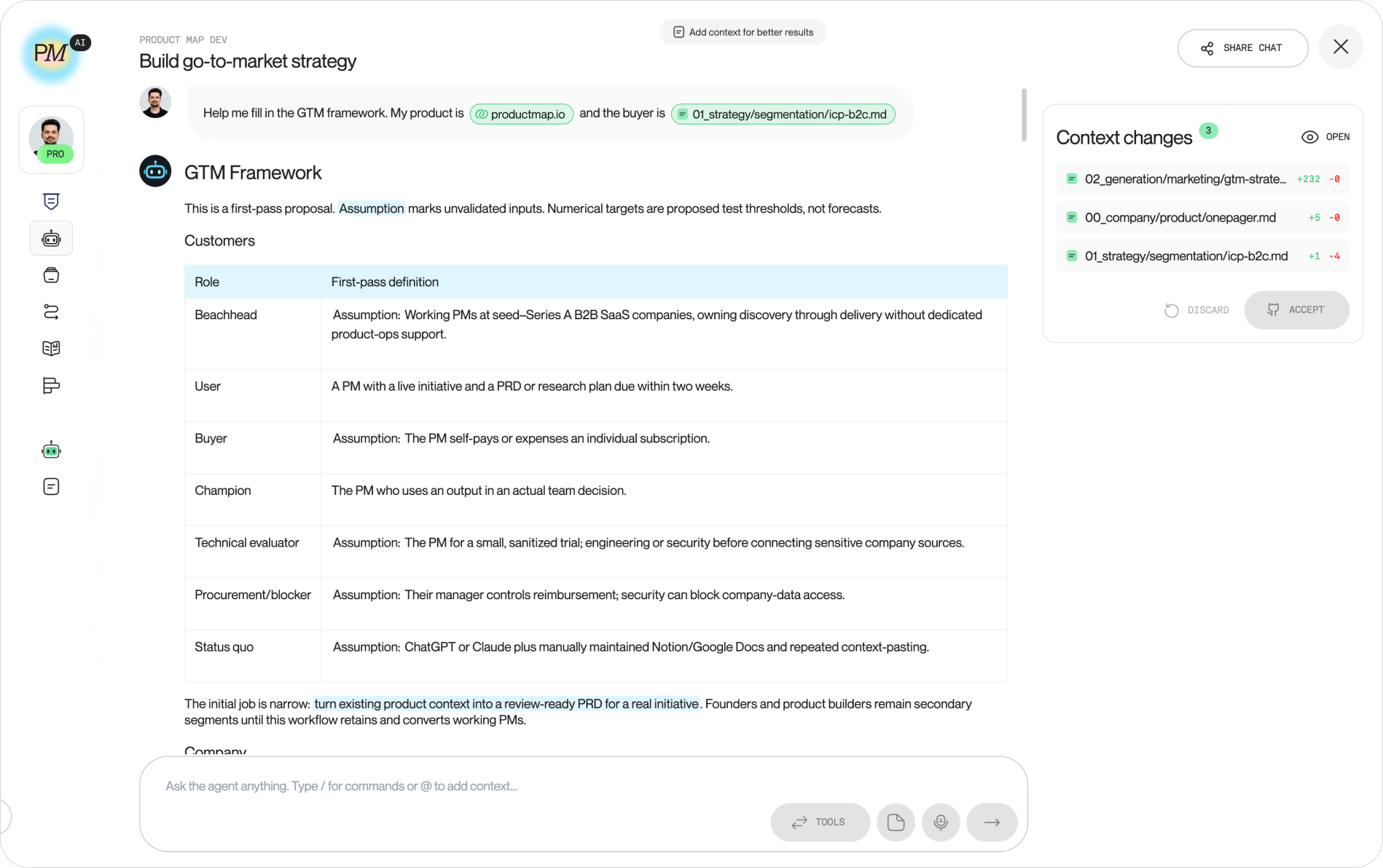 Build go-to-market AI agent drafting the GTM framework (customers, company, competition, context)