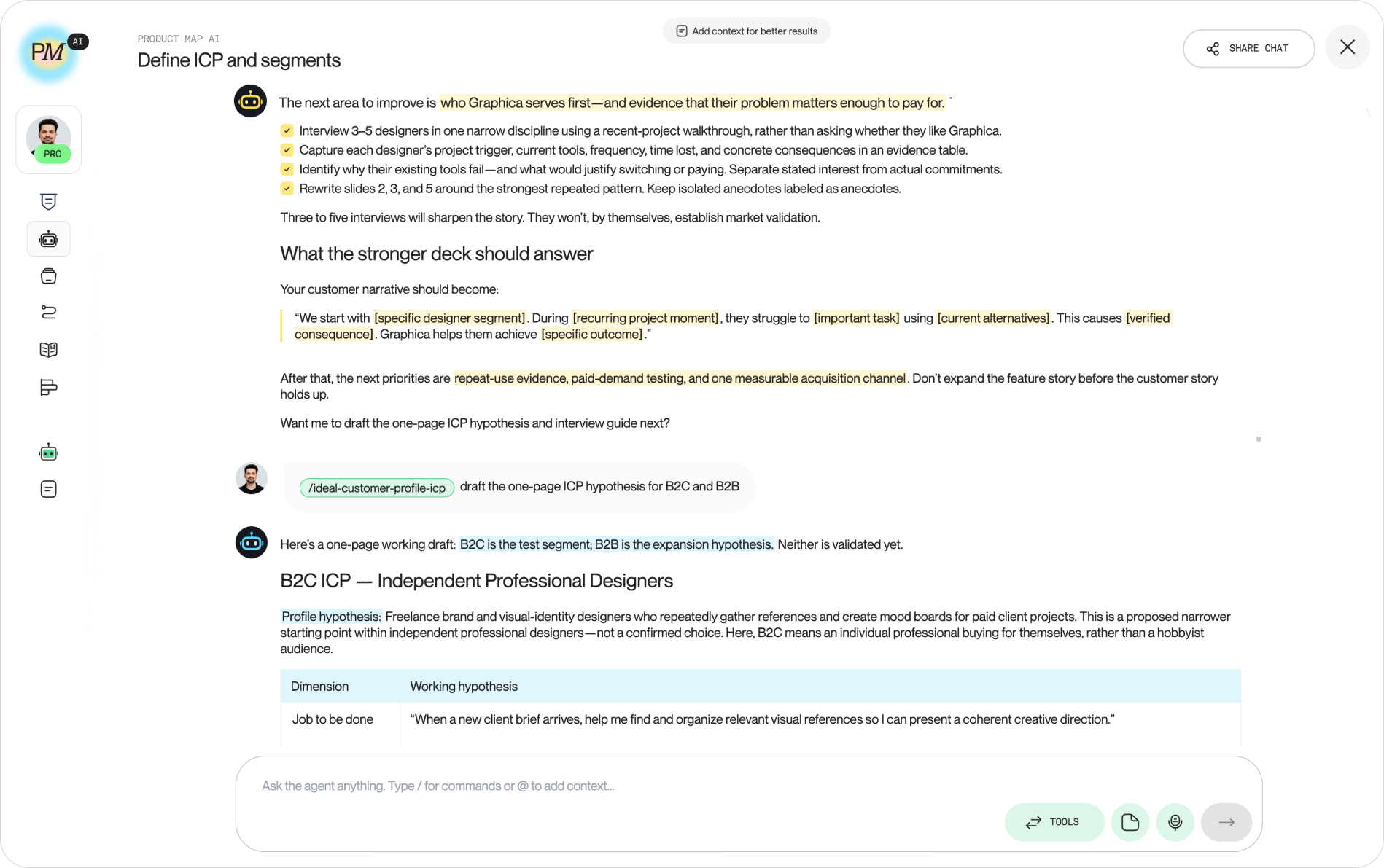Product Map chat where the Define ICP and segments AI agent proposes next steps, the user calls the ICP agent with a slash command in the same thread
