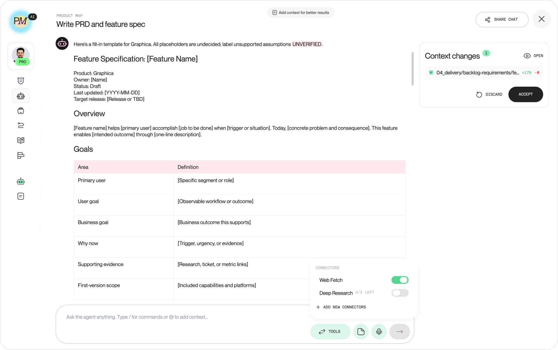 The write PRD and feature spec AI agent drafting a feature specification, with a Context changes card proposing a new file under 04_delivery