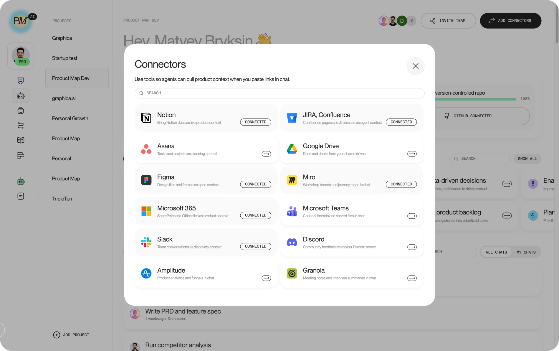 The Product Map Connectors modal with twelve tool cards, Notion, Jira and Confluence, Figma, Miro, Microsoft 365, and Slack marked Connected, and the GitHub Connected status visible behind it