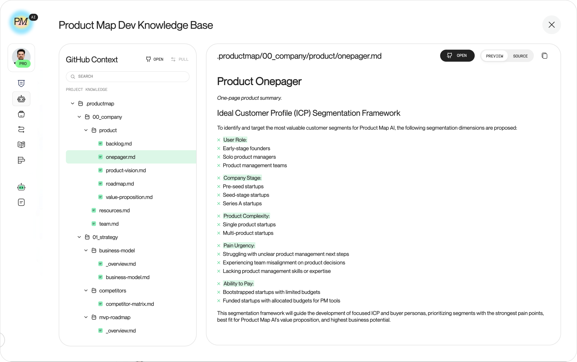 Product Map Knowledge Base with the product context tree on the left, .productmap expanded to 00_company and 01_strategy context layers, and onepager.md rendered on the right