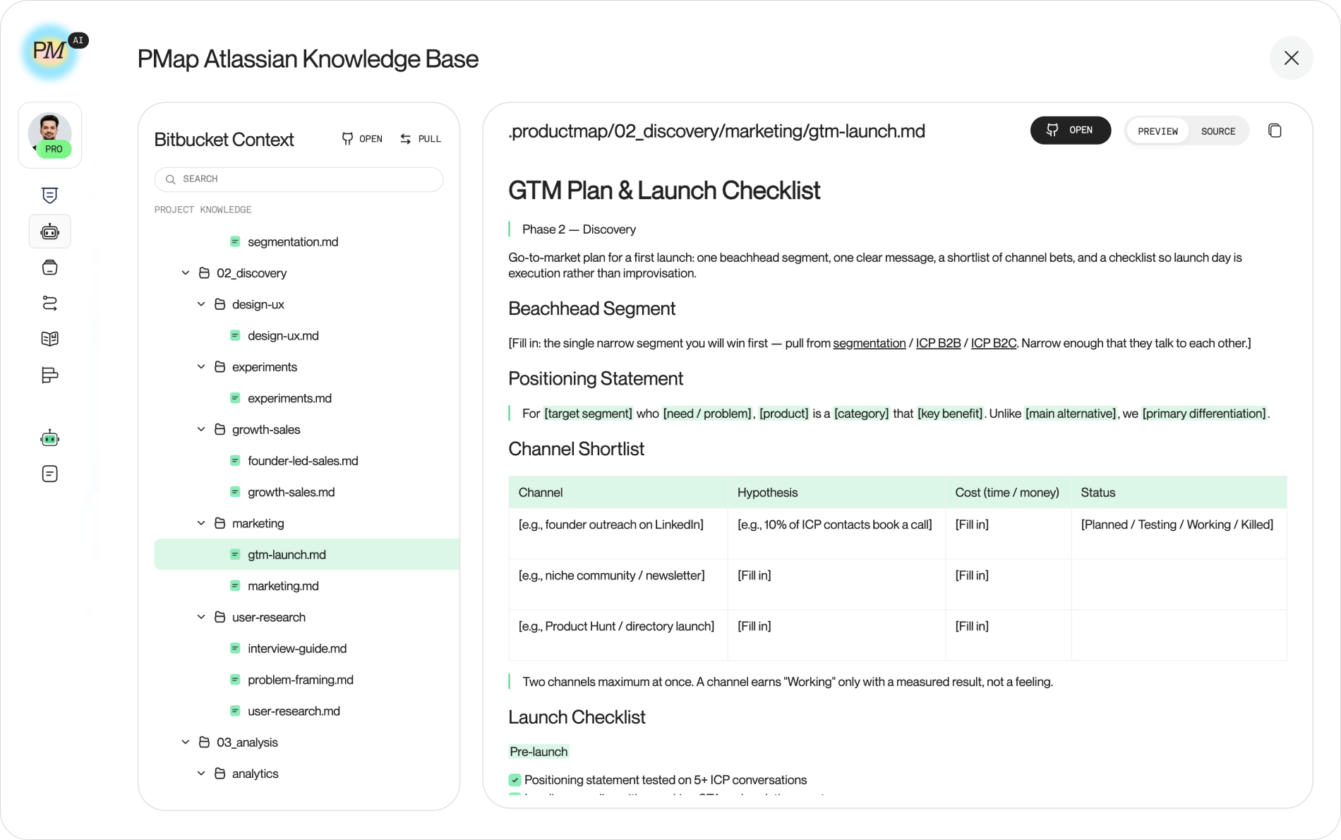 The Product Map product context repo with the 02_discovery/marketing folder expanded on the left, gtm-strategy.md open on the right showing the segment, positioning, and objections sections