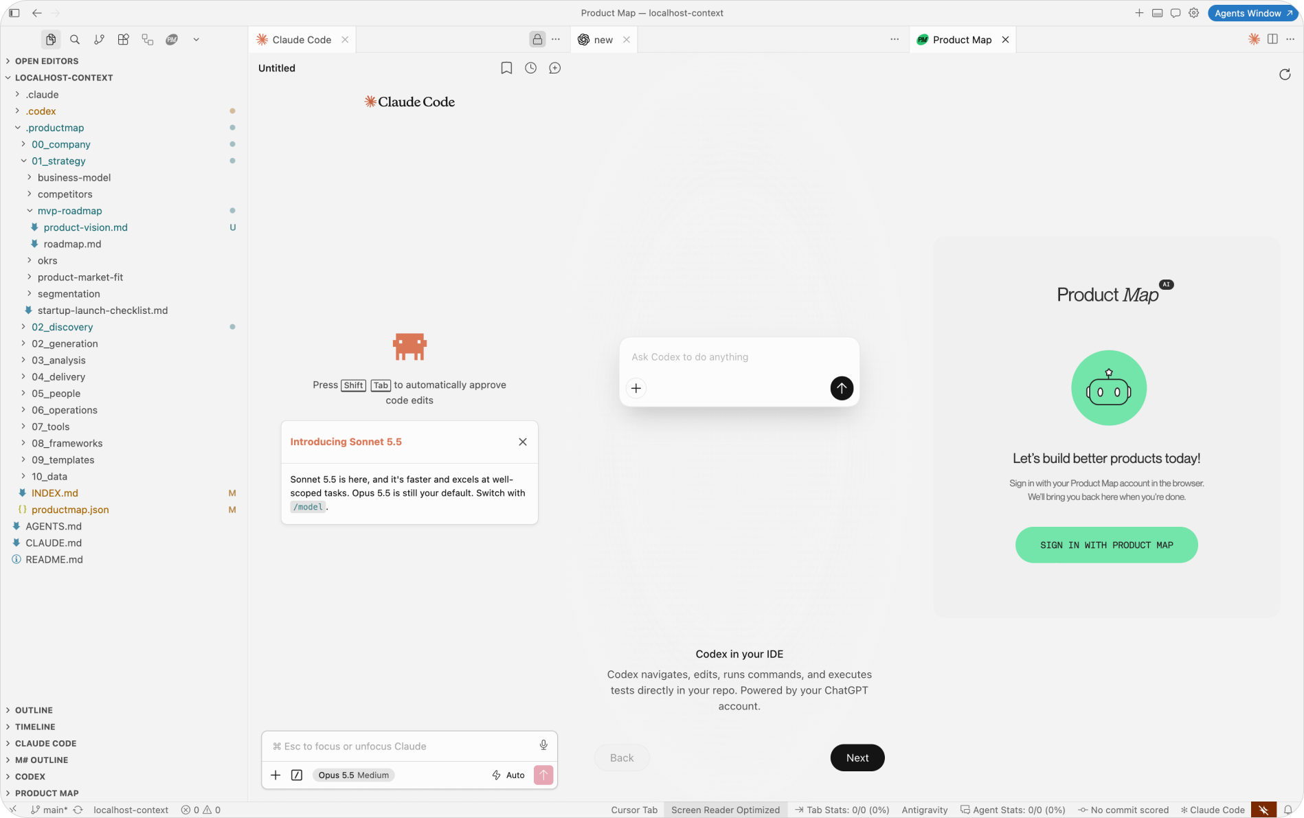 Claude, Codex and Product Map AI agents next to your local product context repository in Cursor environment