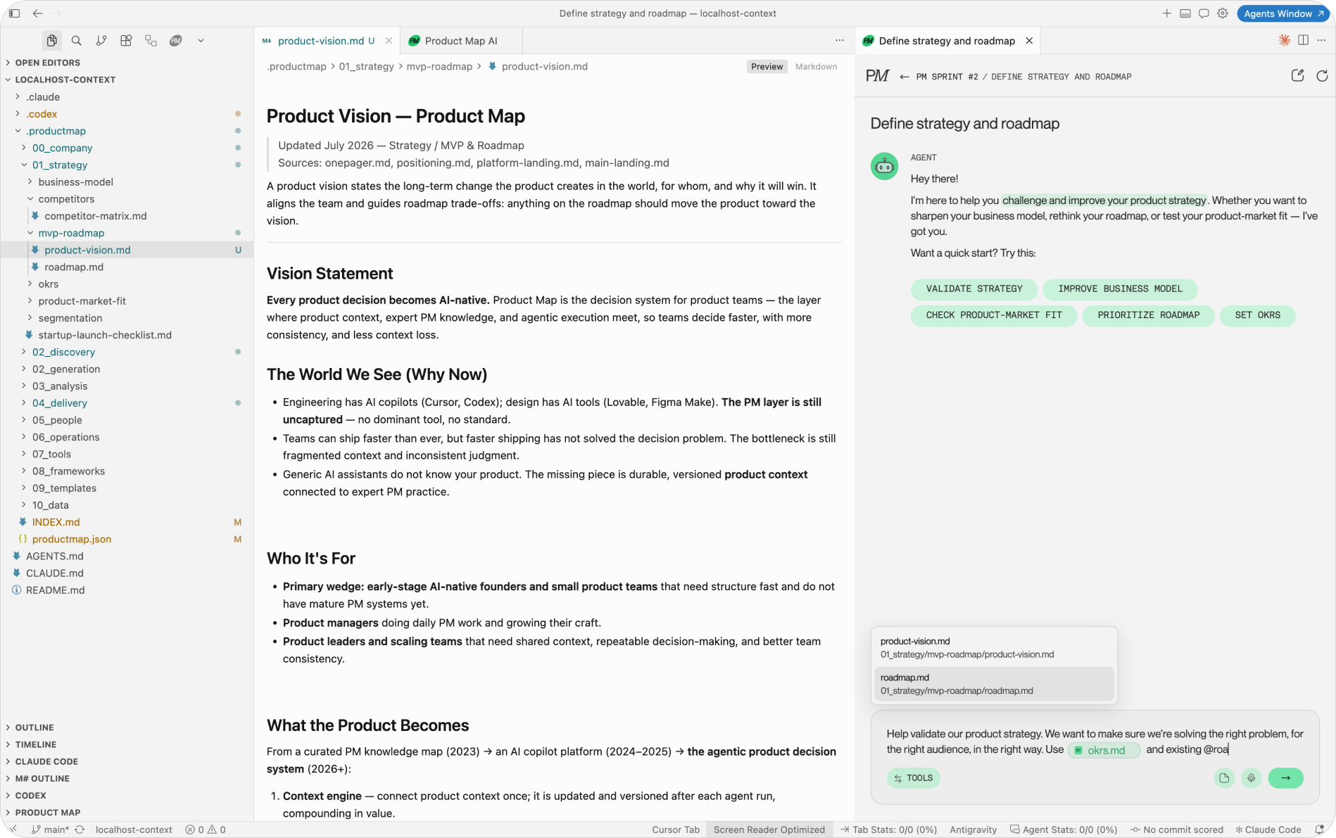 The Product Map composer in Cursor with a message mentioning @okrs.md and @roadmap.md, and the @ command menu open for searching context in the repo