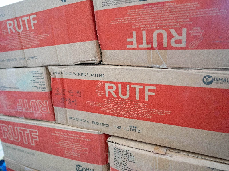Photo of boxes of Ready-to-Use Therapeutic Food (RUTF) - used to treat children suffering from severe acute malnutrition.