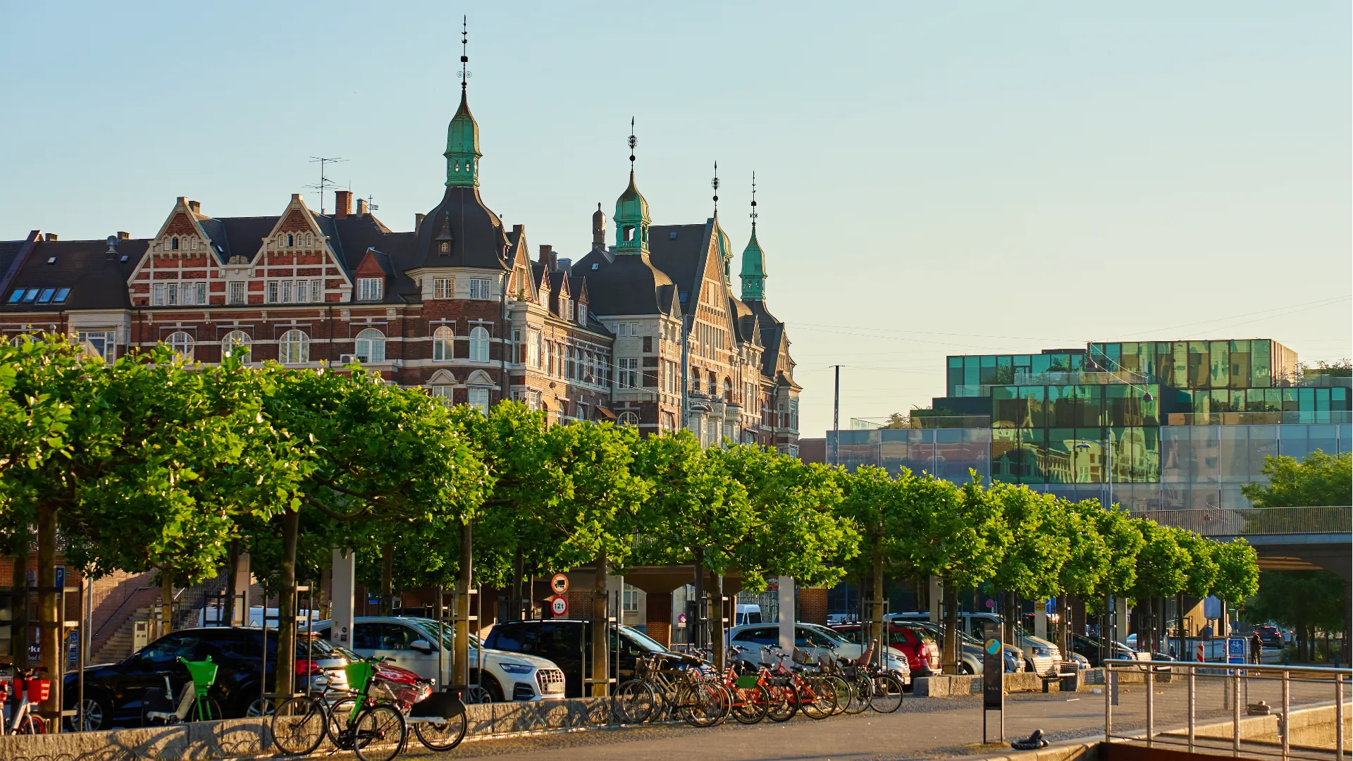 Photo of a row of city bikes lined up in Copenhagen, Denmark.