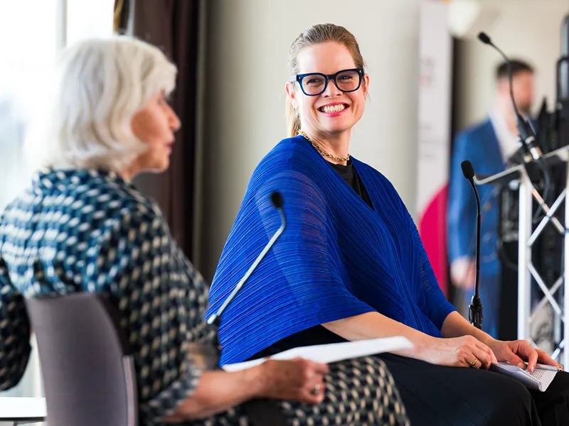 Photo of CIFF’s CEO, Kate Hampton, in conversation with Laurence Tubiana, CEO of the European Climate Foundation, during London Climate Action Week in June 2025, discussing Europe’s role in global climate leadership.