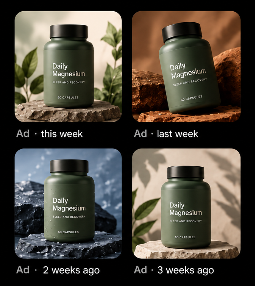 Four ads for the same supplement, posted this week, last week, 2 and 3 weeks ago