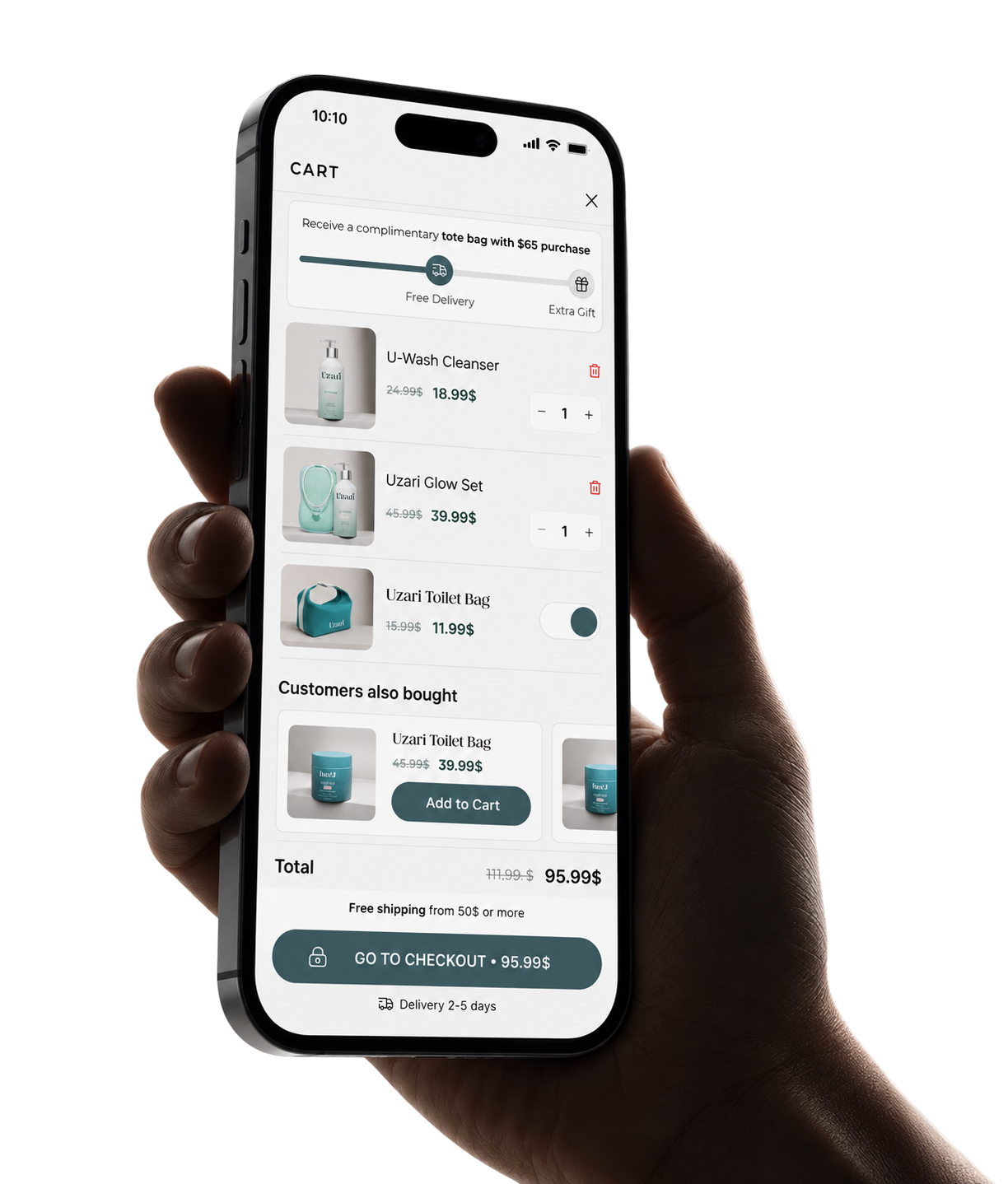 Shopify cart on a phone, showing upsells and a checkout button