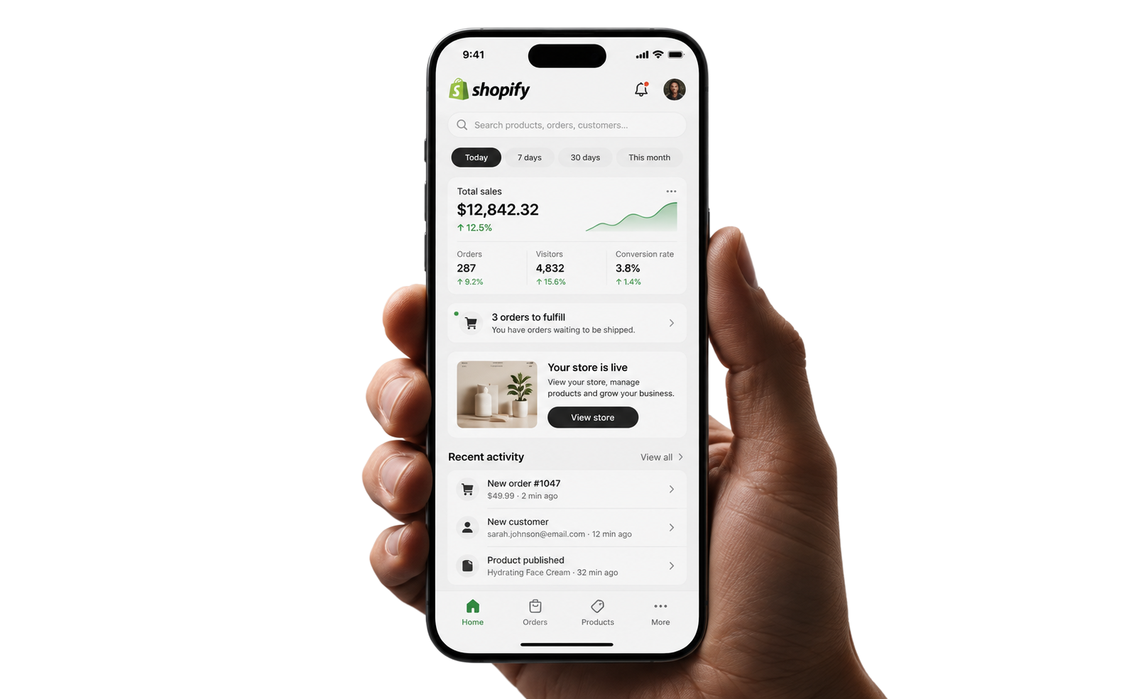 Shopify store dashboard on a phone in a hand