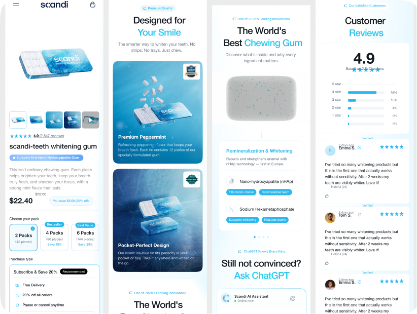 Scandi Shopify store screens: product page, gallery, ingredients and reviews