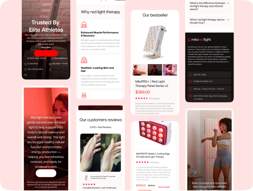 Mito Red Light Shopify store screens: landing page, bestseller and reviews