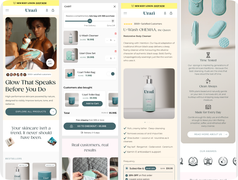 Uzari Shopify store screens: homepage, cart and product page