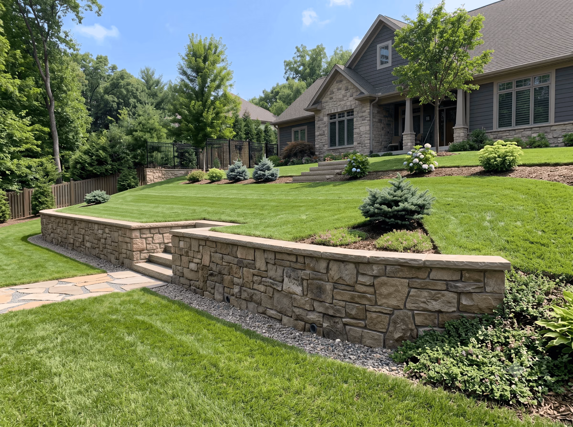 Outdoor retaining wall and masonry landscaping.