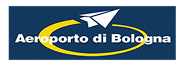Logo dell'Aeroporto di Bologna con un aeroplano di carta bianco in volo sopra un'ellisse gialla su sfondo blu scuro.