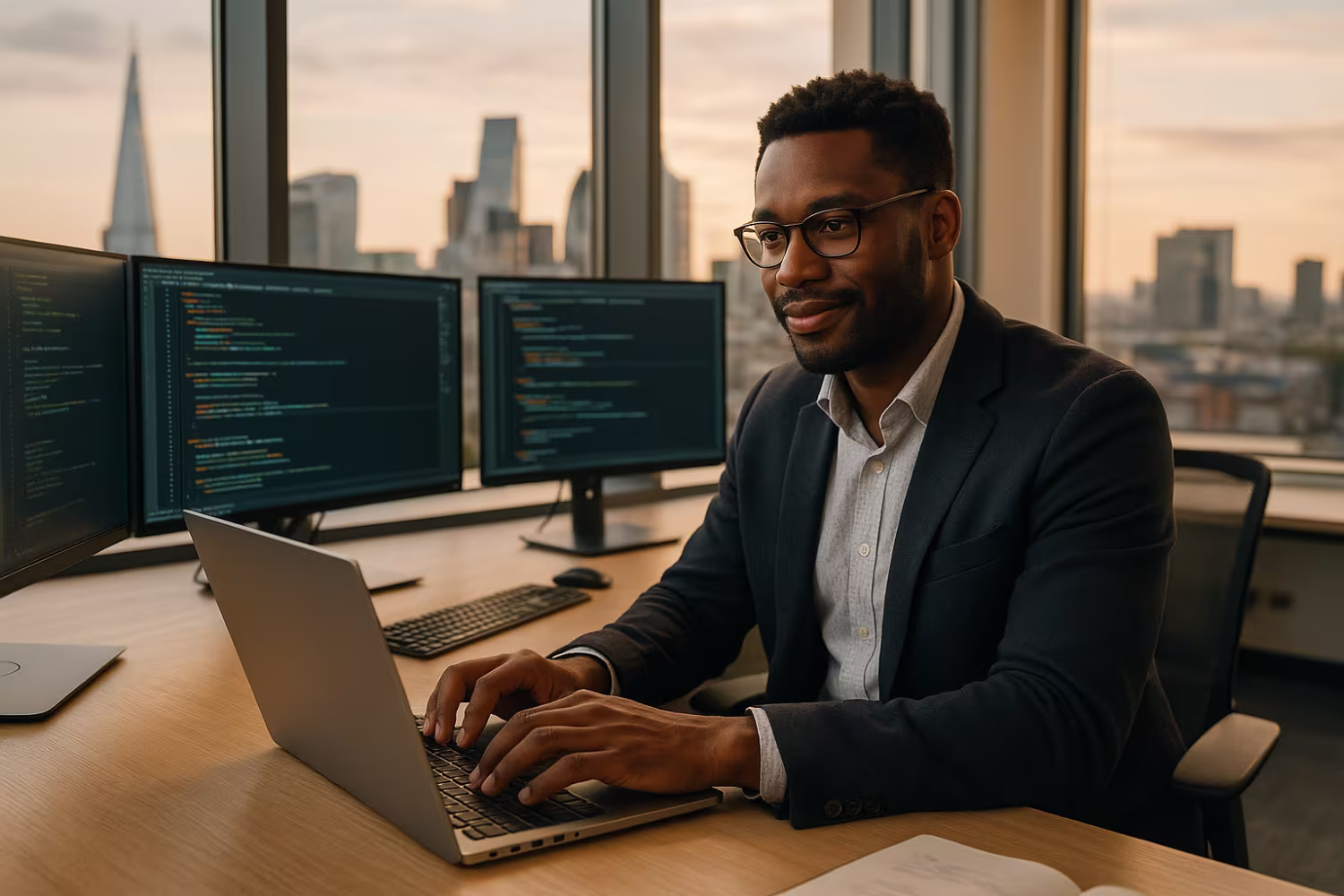 IT consultant interacting with technology in London office