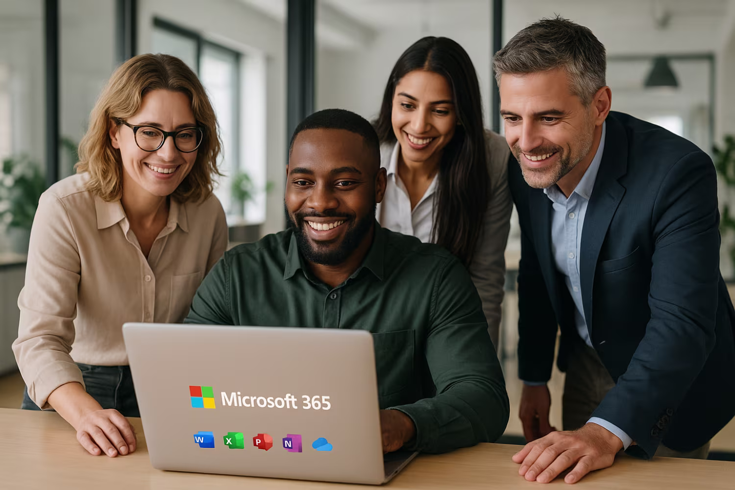 Diverse professionals examining Microsoft 365 benefits