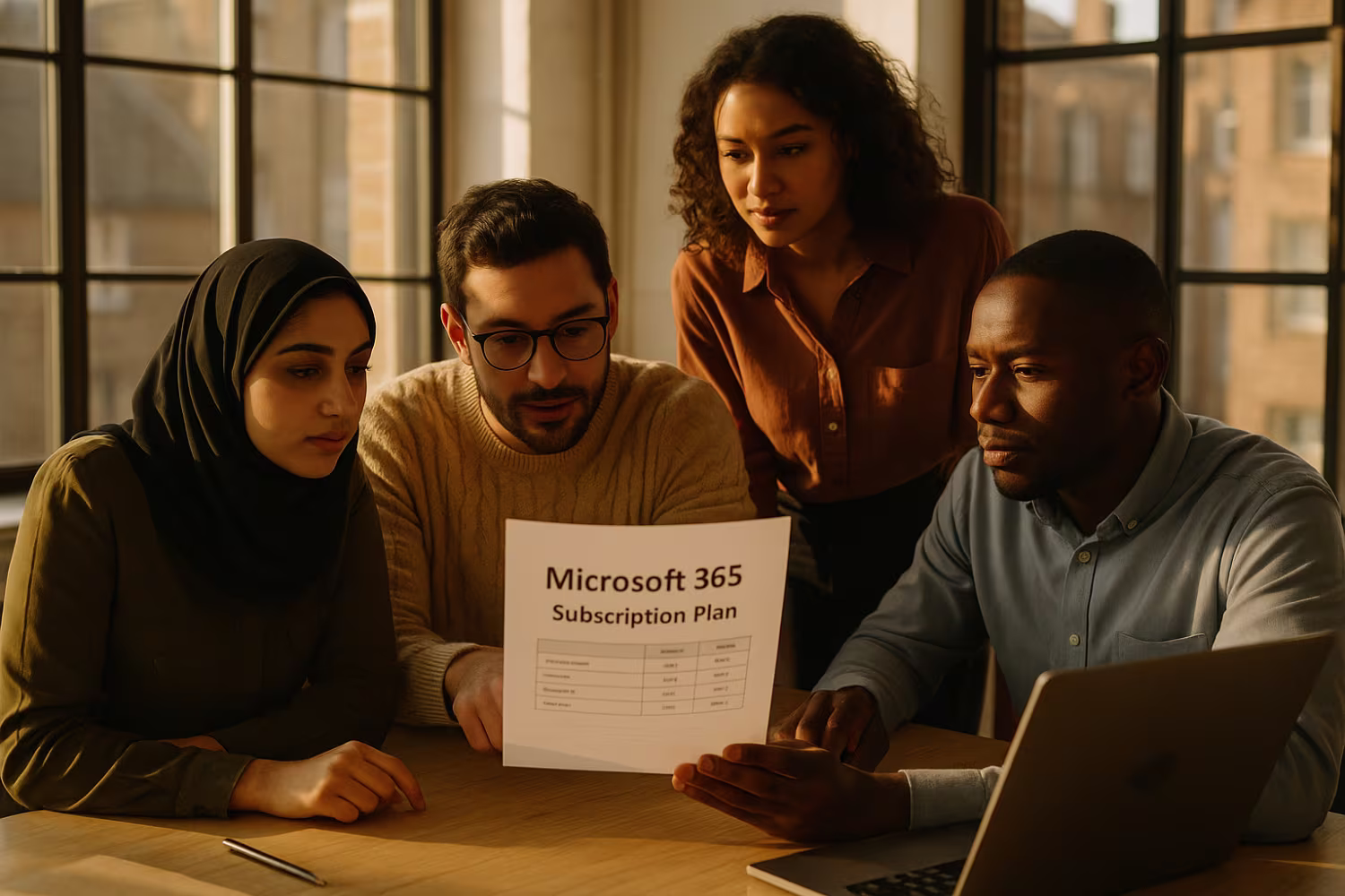 Diverse professionals discussing Microsoft 365 benefits