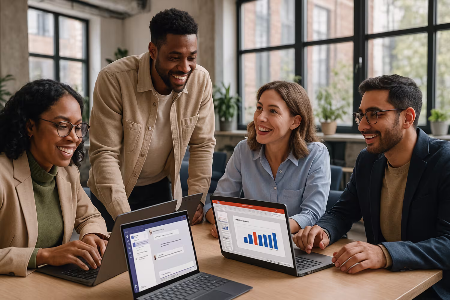 Diverse professionals using Microsoft 365