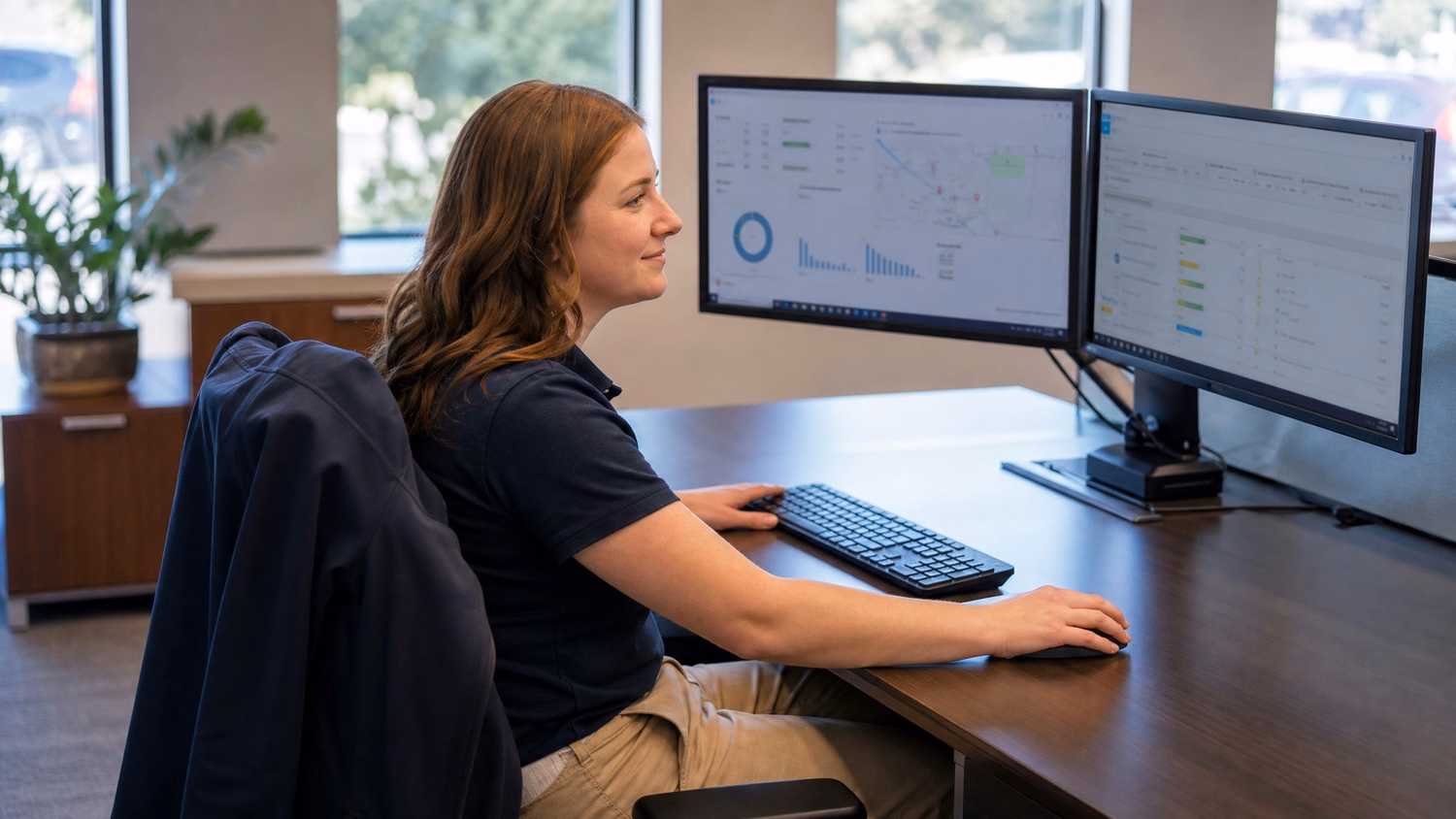 Woman reviews data on dual monitors at corner desk