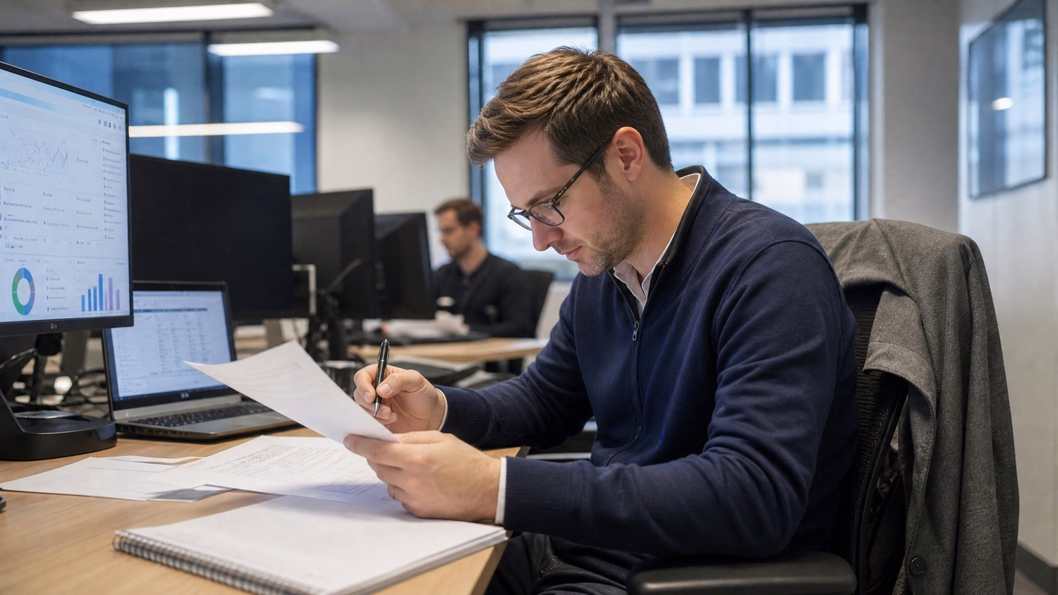 Developer reviewing app documents with pen at desk 60 chars