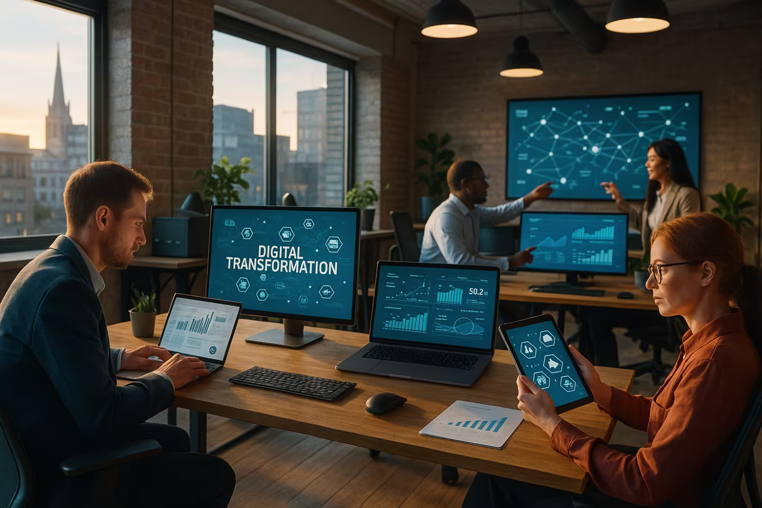 Morning light on London digital transformation workspace