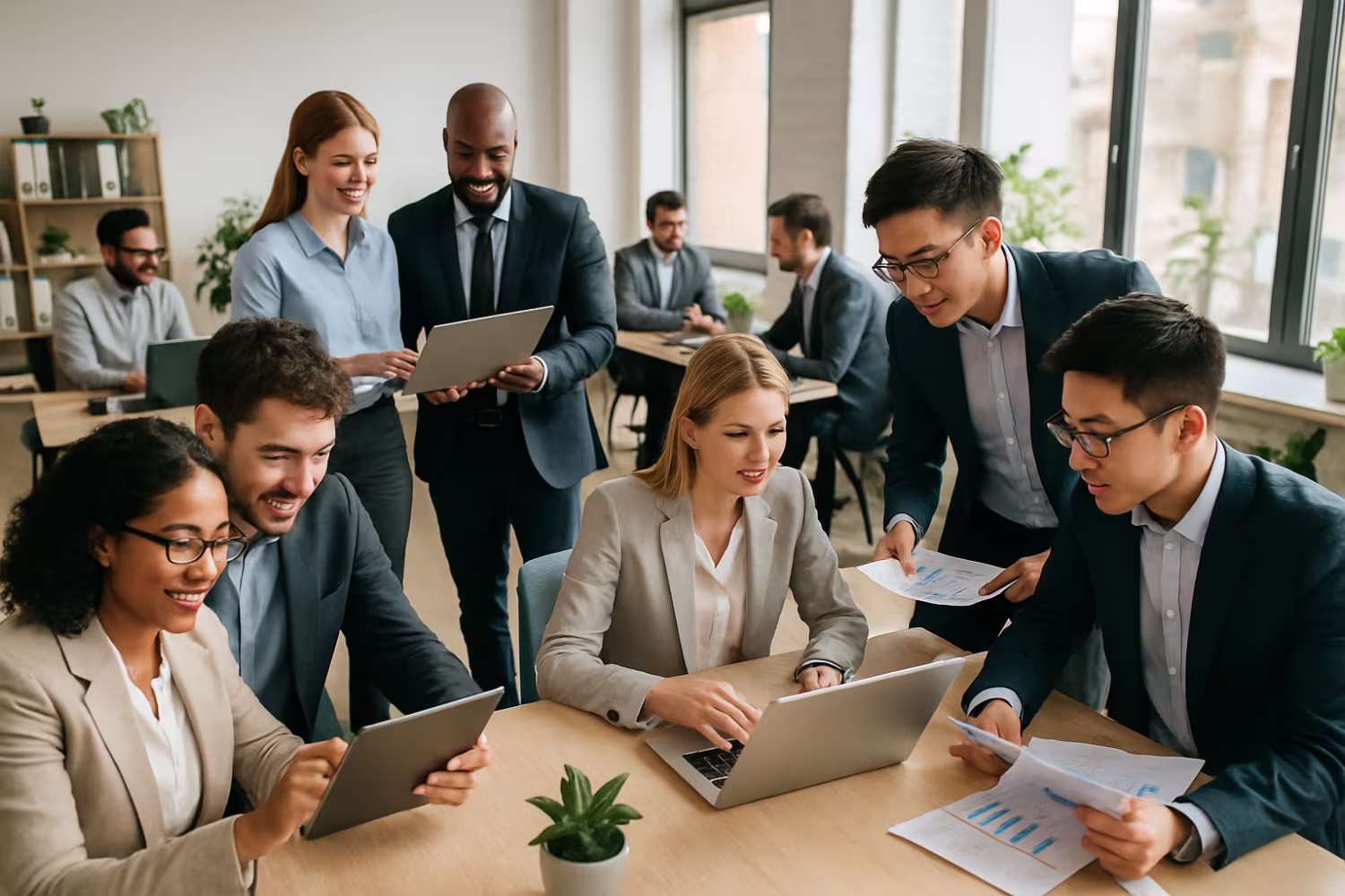 Diverse team collaborating on digital transformation solutions