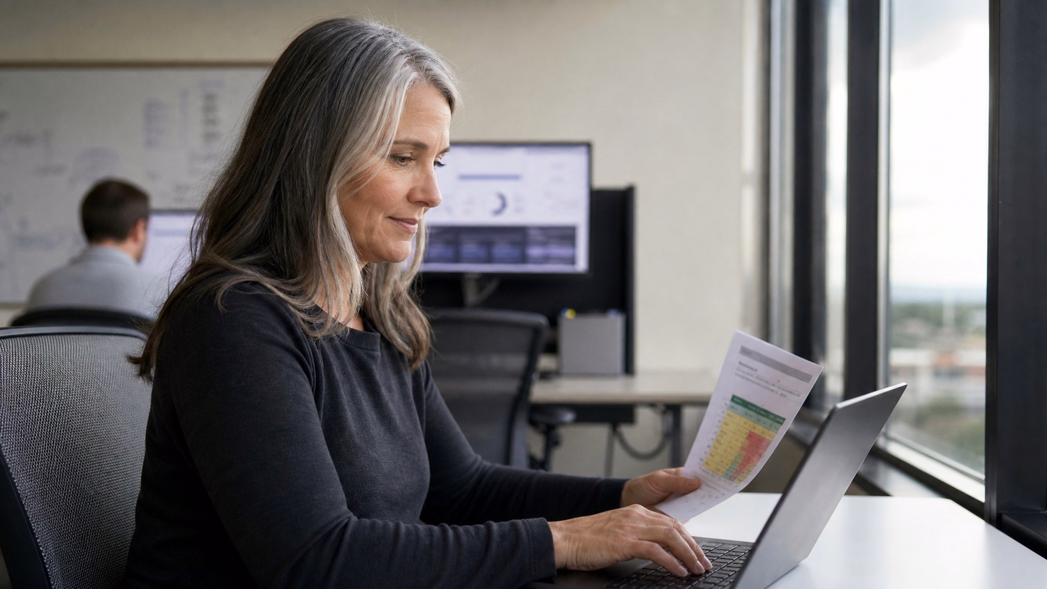 Woman types on laptop, referencing RTO document at window desk 70