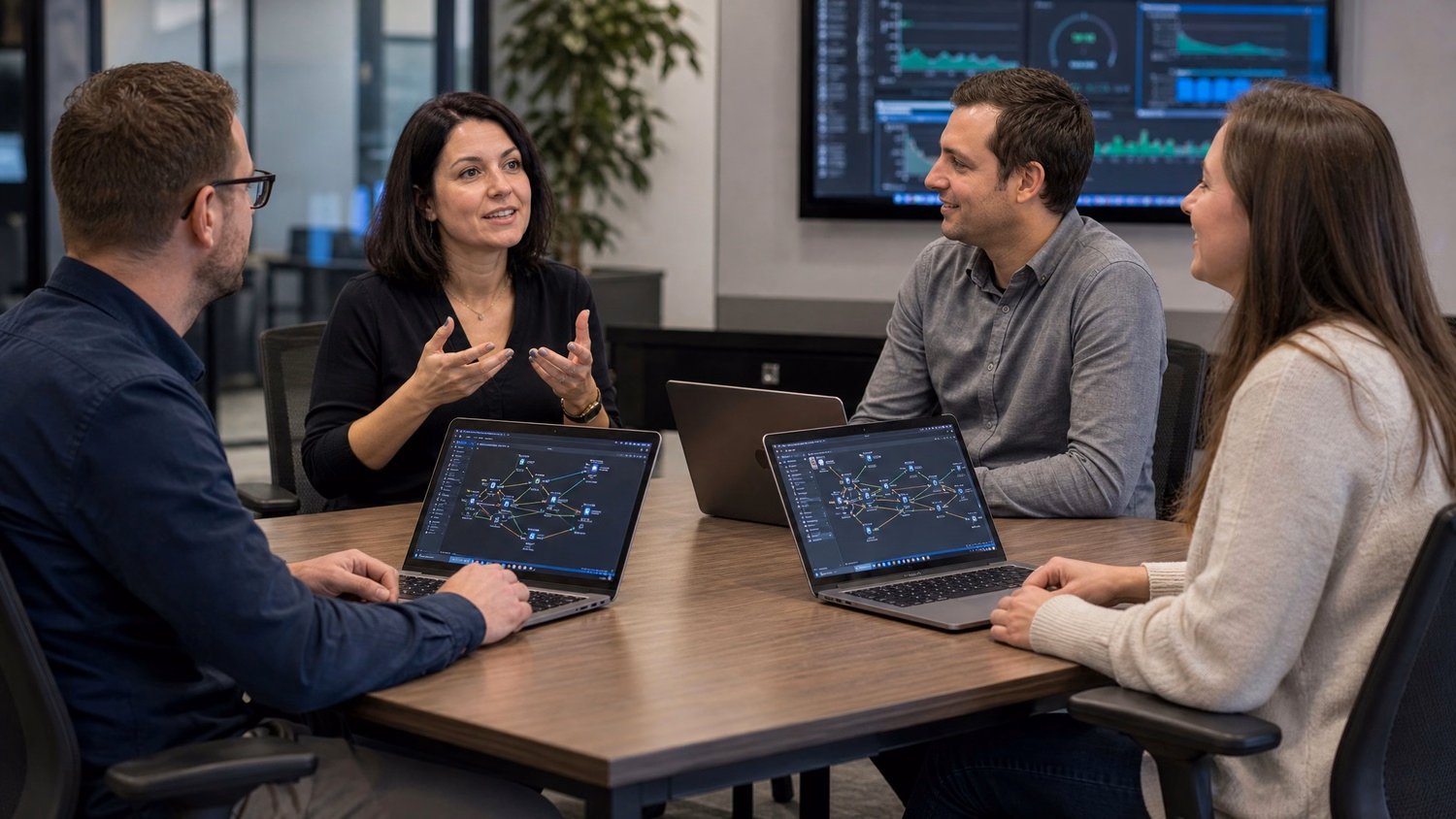 Lawyers collaborating around table with laptops and gesturing