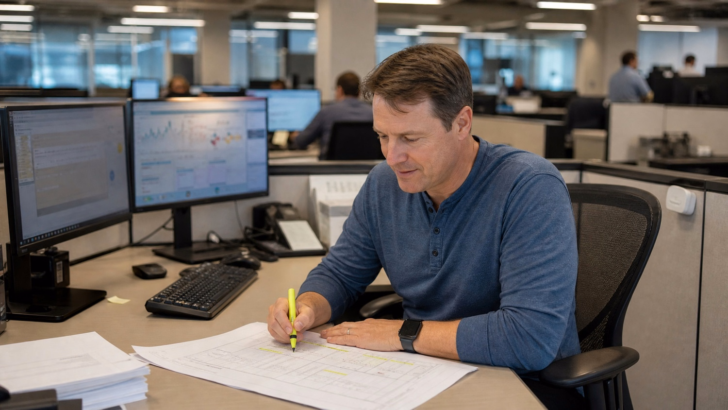 Man in cubicle highlights project timelines marker