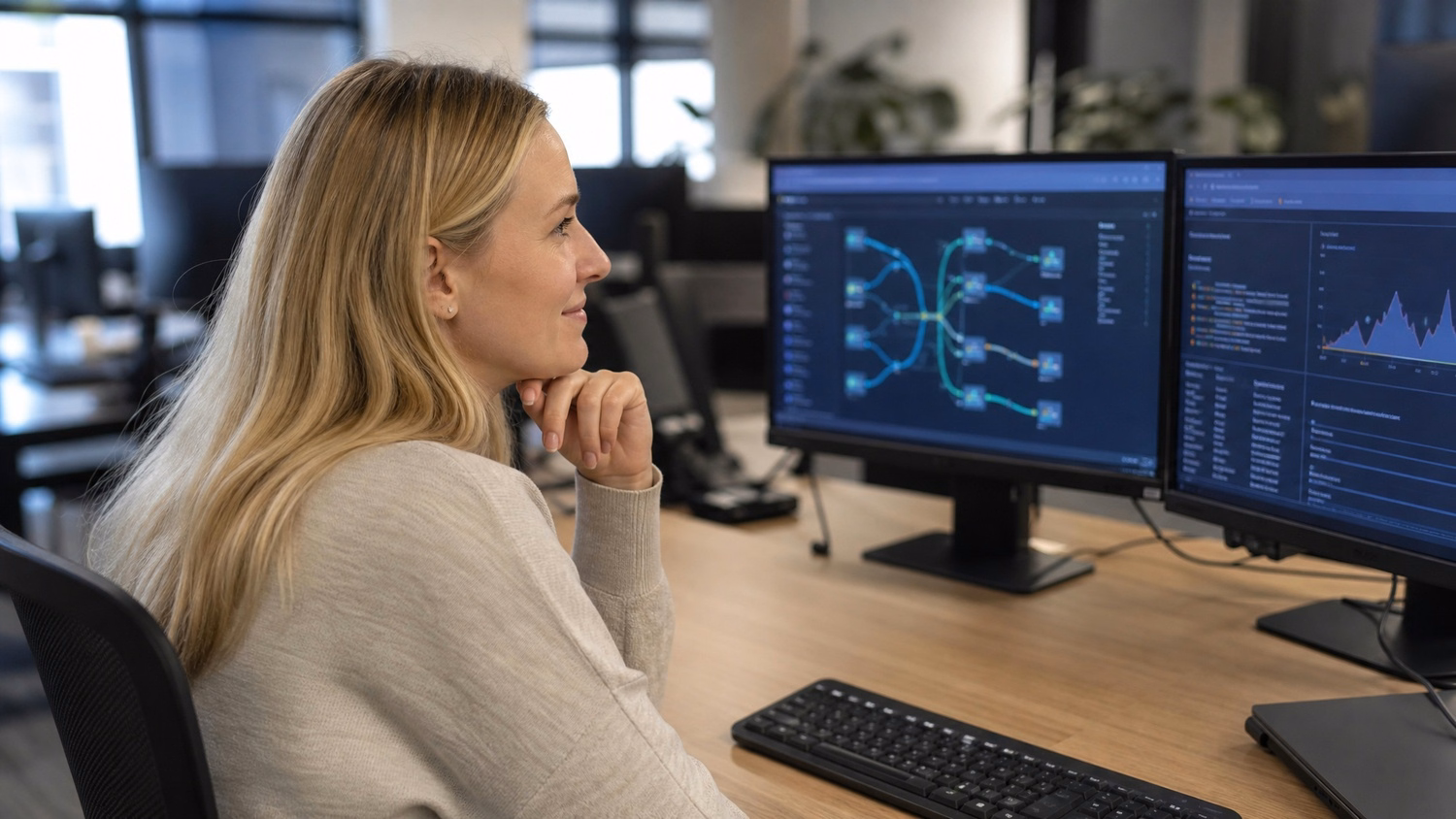 Woman reviews network traffic dashboard on monitor at desk