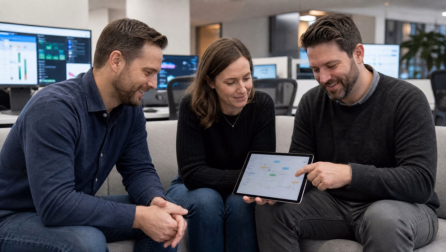 Team meeting discussing workflow diagram on tablet
