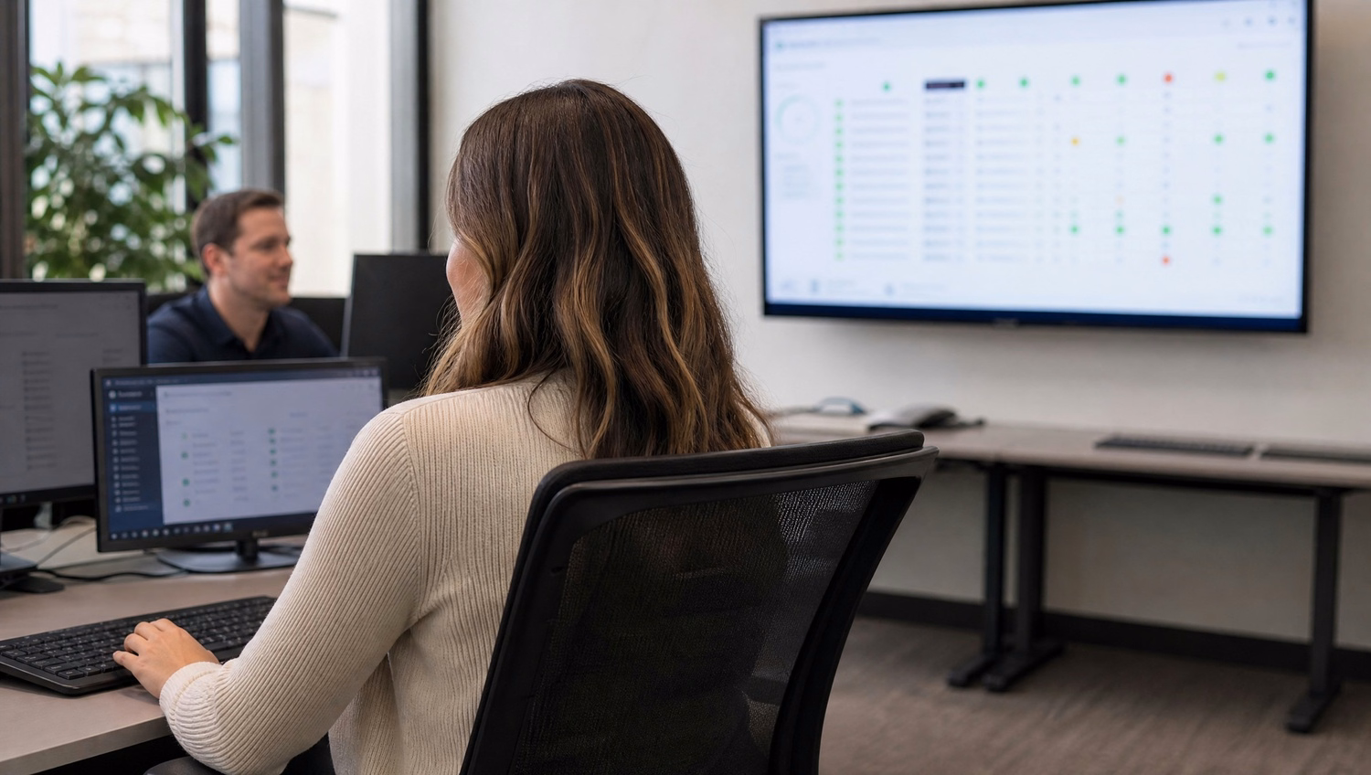 Woman at desk reviews device connection dashboard on monitor