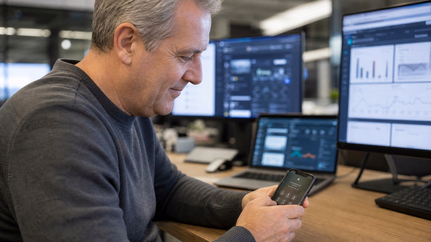 Man entering security passcode on smartphone at desk 55