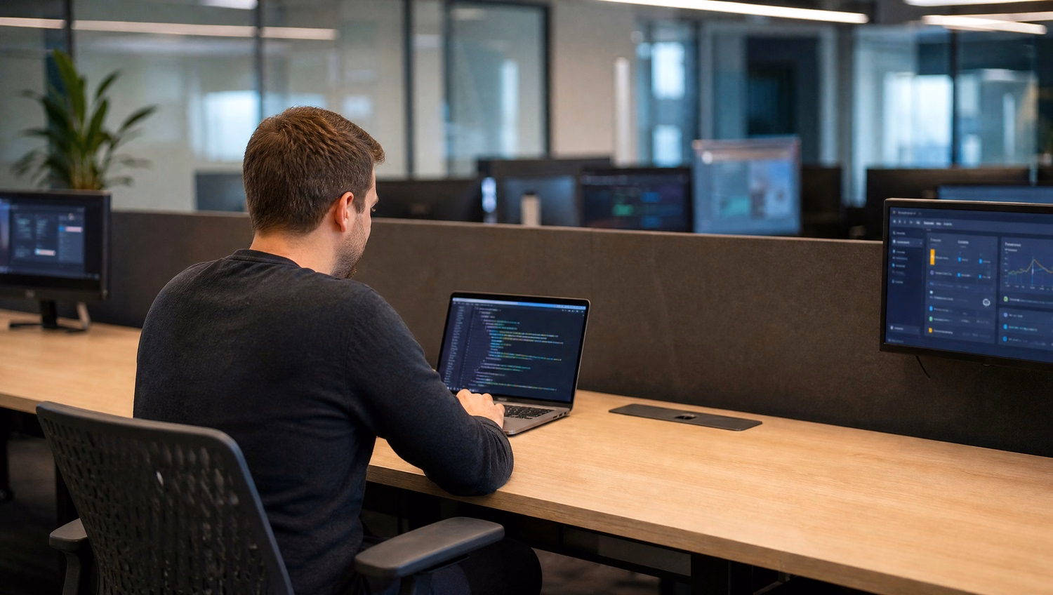 IT worker coding at empty hot desk