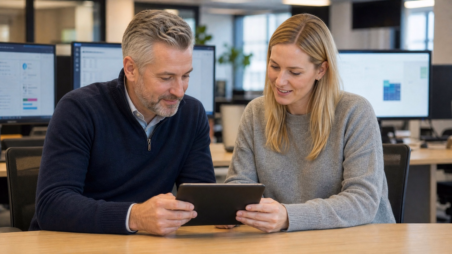 Two IT professionals reviewing tablet device together